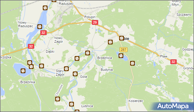 mapa Brzeźnica gmina Dąbie, Brzeźnica gmina Dąbie na mapie Targeo