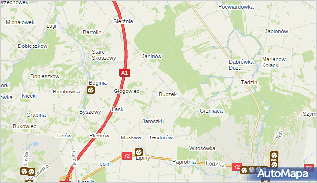 mapa Buczek gmina Brzeziny, Buczek gmina Brzeziny na mapie Targeo