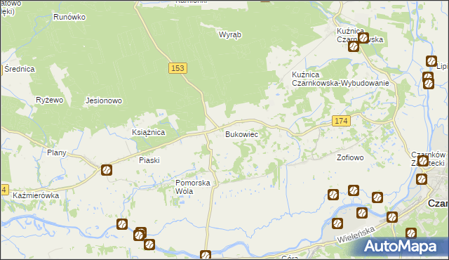 mapa Bukowiec gmina Czarnków, Bukowiec gmina Czarnków na mapie Targeo