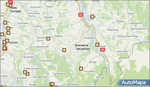 mapa Bukowina Tatrzańska, Bukowina Tatrzańska na mapie Targeo