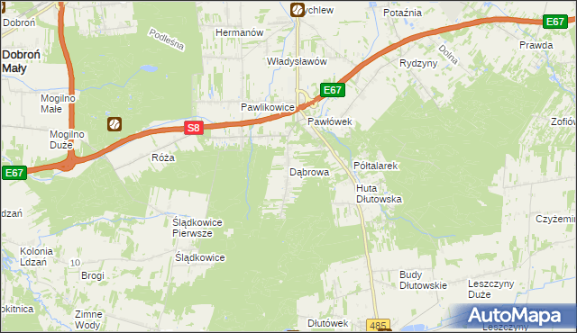 mapa Dąbrowa gmina Dłutów, Dąbrowa gmina Dłutów na mapie Targeo