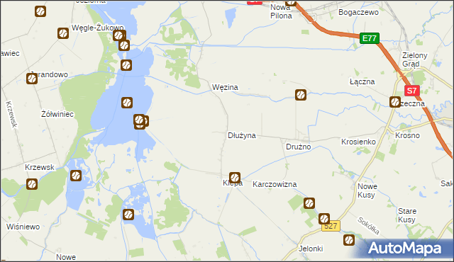 mapa Dłużyna gmina Elbląg, Dłużyna gmina Elbląg na mapie Targeo