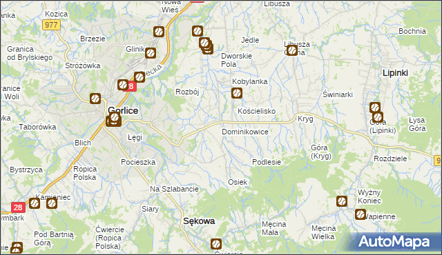 mapa Dominikowice gmina Gorlice, Dominikowice gmina Gorlice na mapie Targeo