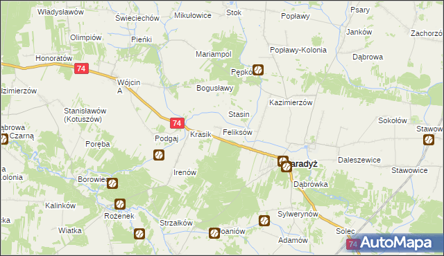 mapa Feliksów gmina Paradyż, Feliksów gmina Paradyż na mapie Targeo