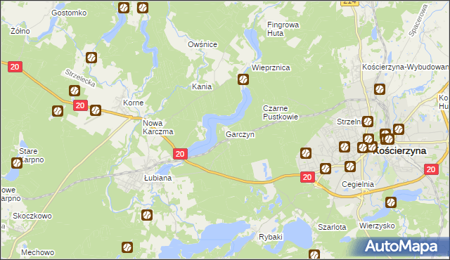 mapa Garczyn gmina Kościerzyna, Garczyn gmina Kościerzyna na mapie Targeo