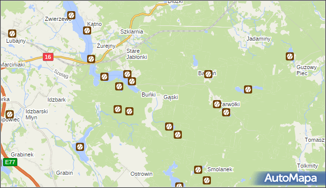 mapa Gąski gmina Ostróda, Gąski gmina Ostróda na mapie Targeo