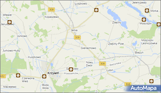 mapa Gierłachowo gmina Krzywiń, Gierłachowo gmina Krzywiń na mapie Targeo