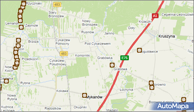 mapa Grabówka gmina Mykanów, Grabówka gmina Mykanów na mapie Targeo