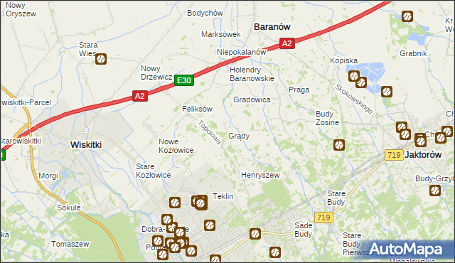 mapa Grądy gmina Jaktorów, Grądy gmina Jaktorów na mapie Targeo
