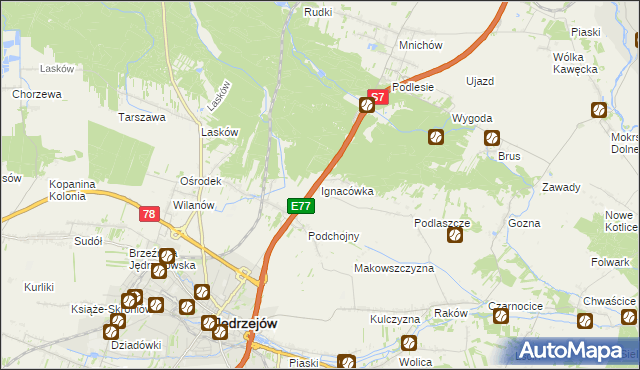 mapa Ignacówka gmina Jędrzejów, Ignacówka gmina Jędrzejów na mapie Targeo
