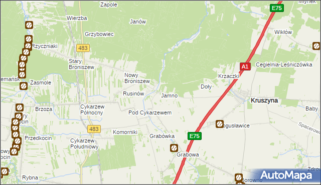 mapa Jamno gmina Mykanów, Jamno gmina Mykanów na mapie Targeo