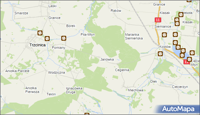 mapa Janówka gmina Byczyna, Janówka gmina Byczyna na mapie Targeo