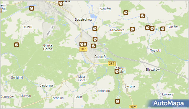 mapa Jasień powiat żarski, Jasień powiat żarski na mapie Targeo