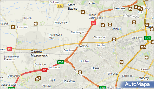 mapa Jawczyce gmina Ożarów Mazowiecki, Jawczyce gmina Ożarów Mazowiecki na mapie Targeo