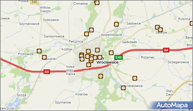 mapa Kąty Wrocławskie, Kąty Wrocławskie na mapie Targeo