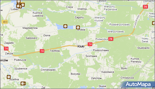 mapa Kluki powiat bełchatowski, Kluki powiat bełchatowski na mapie Targeo