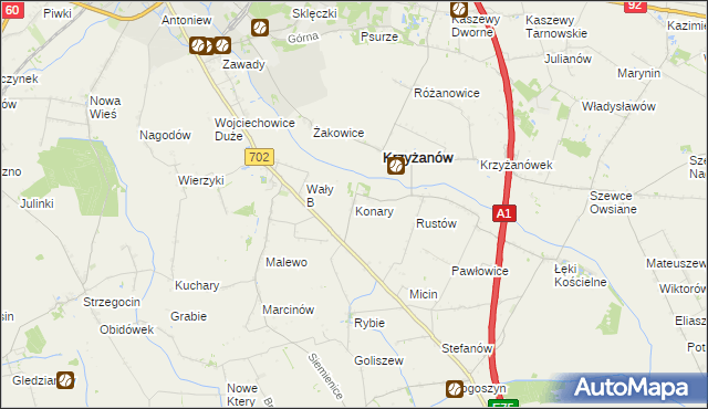 mapa Konary gmina Krzyżanów, Konary gmina Krzyżanów na mapie Targeo