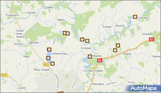 mapa Koniewo gmina Lidzbark Warmiński, Koniewo gmina Lidzbark Warmiński na mapie Targeo