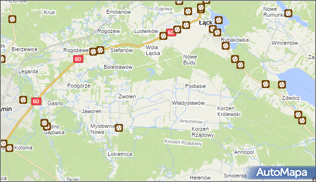 mapa Kościuszków gmina Łąck, Kościuszków gmina Łąck na mapie Targeo