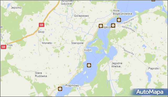 mapa Kozin gmina Giżycko, Kozin gmina Giżycko na mapie Targeo