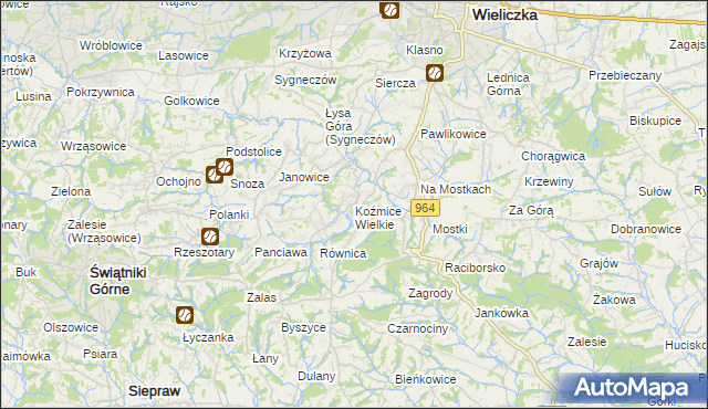 mapa Koźmice Wielkie, Koźmice Wielkie na mapie Targeo