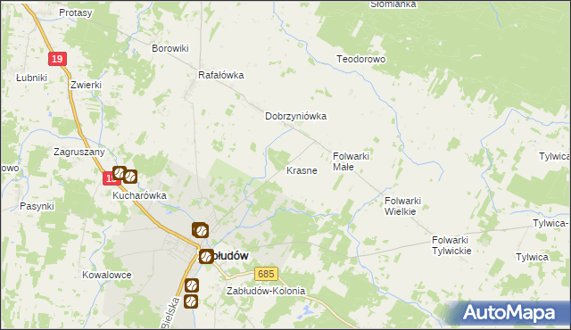 mapa Krasne gmina Zabłudów, Krasne gmina Zabłudów na mapie Targeo