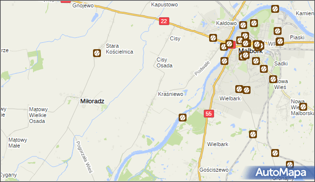 mapa Kraśniewo gmina Malbork, Kraśniewo gmina Malbork na mapie Targeo