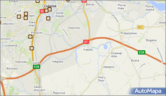 mapa Krępiec gmina Pruszcz Gdański, Krępiec gmina Pruszcz Gdański na mapie Targeo