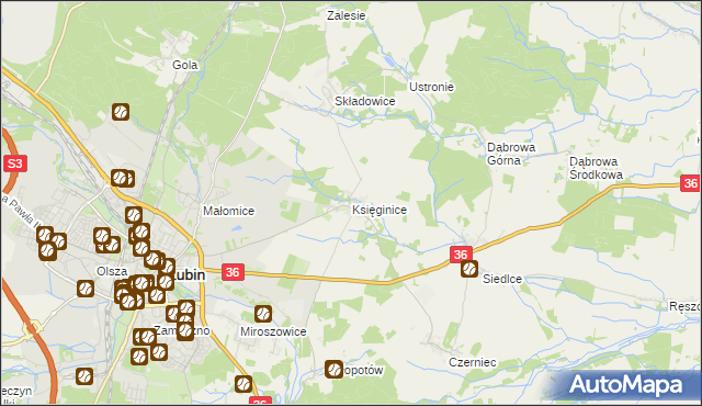 mapa Księginice gmina Lubin, Księginice gmina Lubin na mapie Targeo