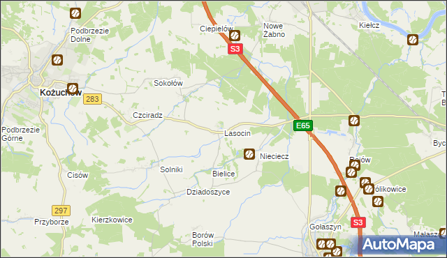 mapa Lasocin gmina Kożuchów, Lasocin gmina Kożuchów na mapie Targeo