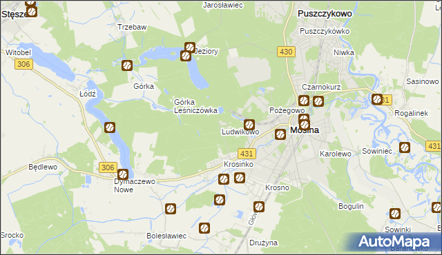 mapa Ludwikowo gmina Mosina, Ludwikowo gmina Mosina na mapie Targeo