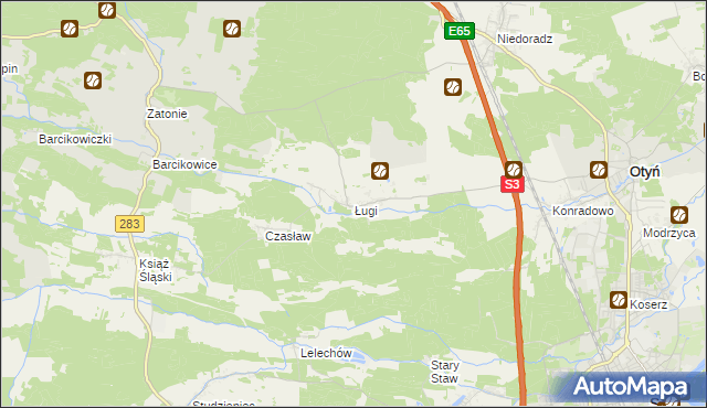 mapa Ługi gmina Otyń, Ługi gmina Otyń na mapie Targeo