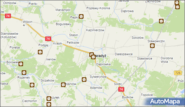 mapa Paradyż powiat opoczyński, Paradyż powiat opoczyński na mapie Targeo