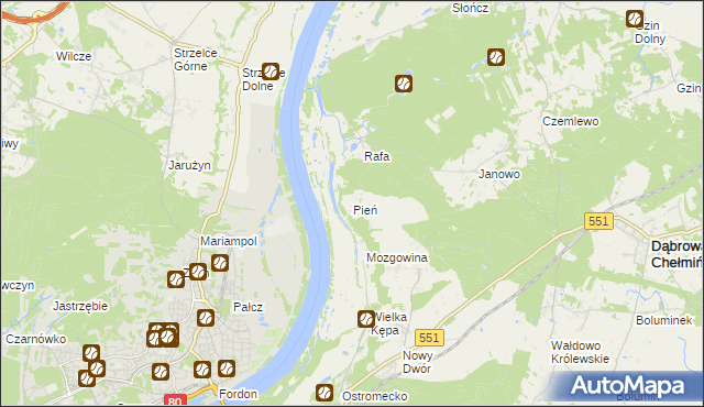 mapa Pień gmina Dąbrowa Chełmińska, Pień gmina Dąbrowa Chełmińska na mapie Targeo