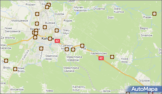 mapa Piła gmina Końskie, Piła gmina Końskie na mapie Targeo