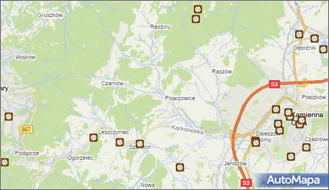 mapa Pisarzowice gmina Kamienna Góra, Pisarzowice gmina Kamienna Góra na mapie Targeo
