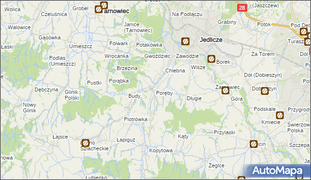 mapa Poręby gmina Jedlicze, Poręby gmina Jedlicze na mapie Targeo