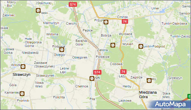 mapa Porzecze gmina Miedziana Góra, Porzecze gmina Miedziana Góra na mapie Targeo