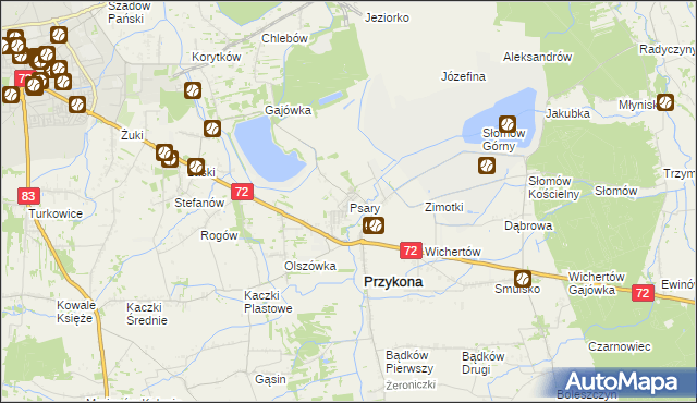 mapa Psary gmina Przykona, Psary gmina Przykona na mapie Targeo