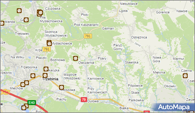 mapa Psary gmina Trzebinia, Psary gmina Trzebinia na mapie Targeo