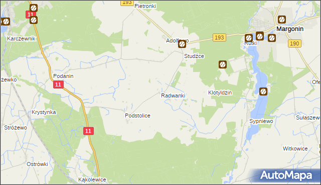 mapa Radwanki gmina Margonin, Radwanki gmina Margonin na mapie Targeo