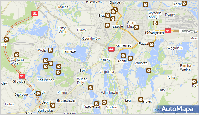 mapa Rajsko gmina Oświęcim, Rajsko gmina Oświęcim na mapie Targeo