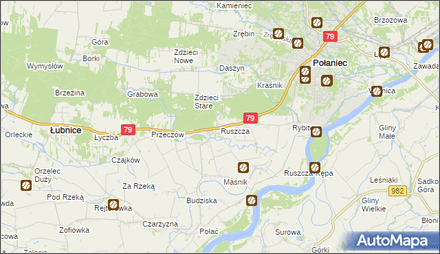 mapa Ruszcza gmina Połaniec, Ruszcza gmina Połaniec na mapie Targeo