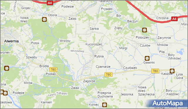 mapa Rybna gmina Czernichów, Rybna gmina Czernichów na mapie Targeo