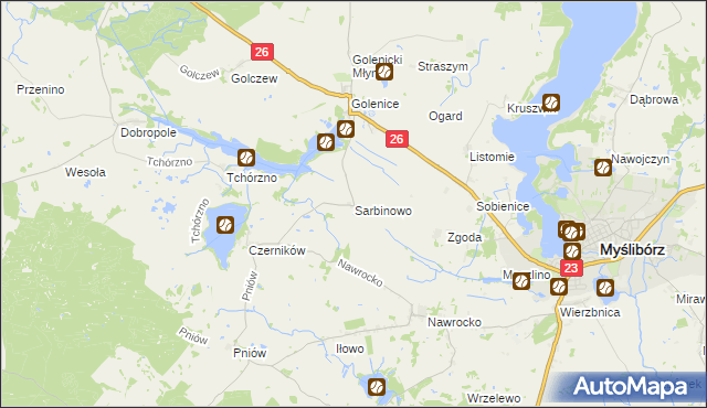 mapa Sarbinowo gmina Myślibórz, Sarbinowo gmina Myślibórz na mapie Targeo