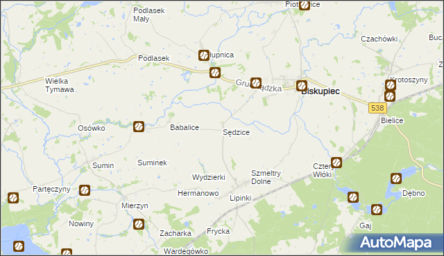 mapa Sędzice gmina Biskupiec, Sędzice gmina Biskupiec na mapie Targeo