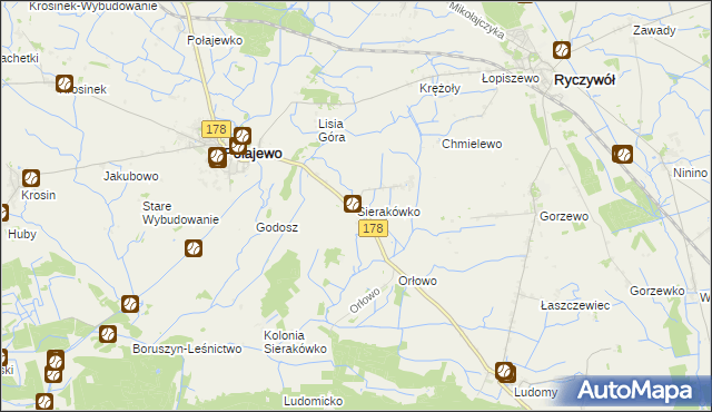 mapa Sierakówko gmina Połajewo, Sierakówko gmina Połajewo na mapie Targeo