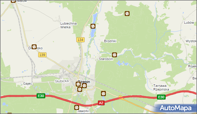 mapa Starościn gmina Rzepin, Starościn gmina Rzepin na mapie Targeo