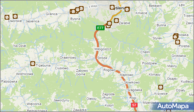mapa Stróża gmina Pcim, Stróża gmina Pcim na mapie Targeo