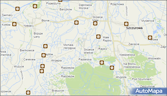mapa Strzelce Wielkie gmina Szczurowa, Strzelce Wielkie gmina Szczurowa na mapie Targeo